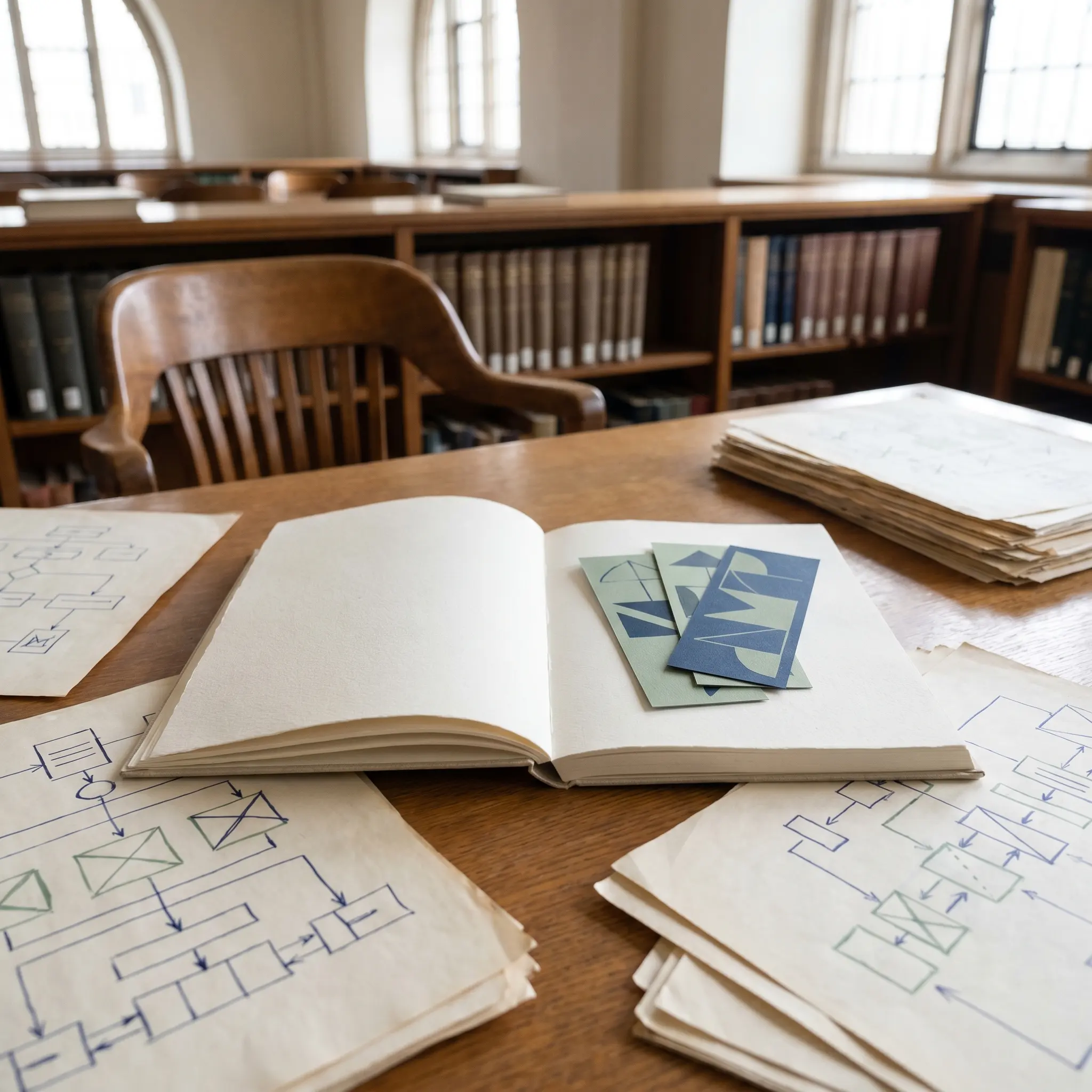 Public research desk with AI literacy notes for article reading.