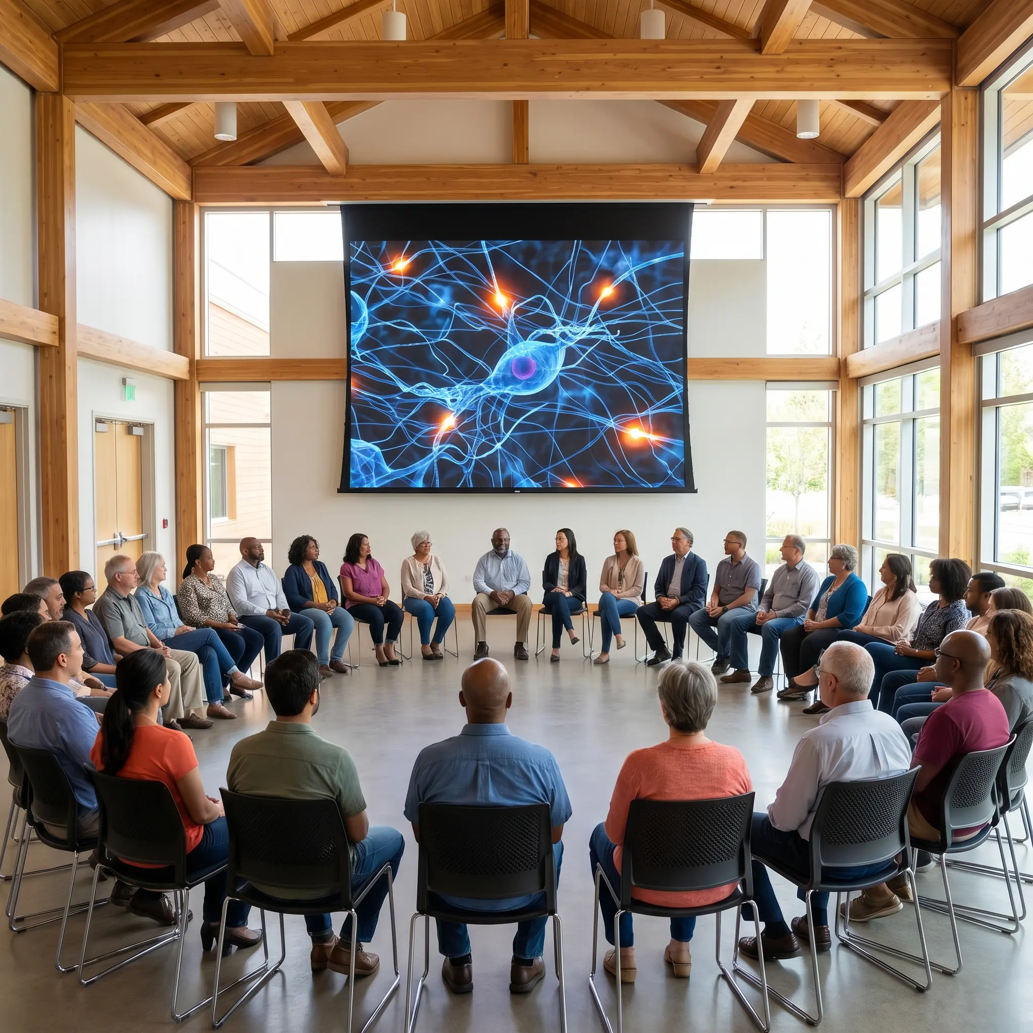 A public community forum discussing AI literacy in a civic learning room.